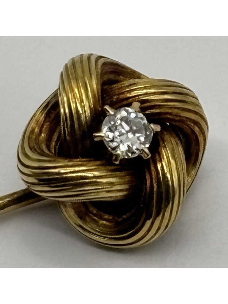 Antique 14k Gold And 4mm Diamond Love Knot Stick Pin With Screw Stopper, Marked